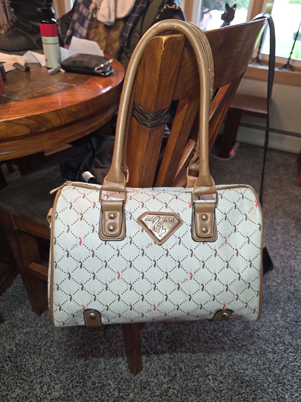 Baby Phat Cream Satchel with Tan Handles and Pink Accents - Picture 4 of 9